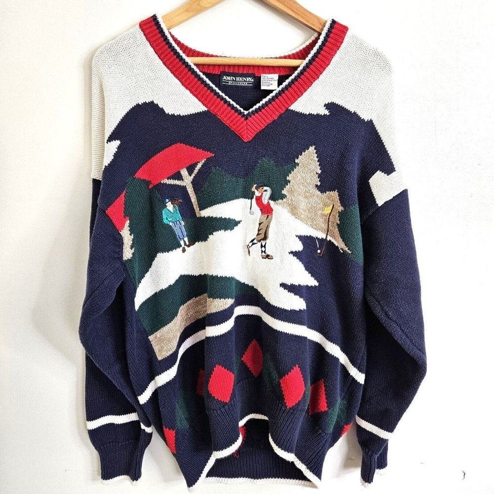 VTG Mens GOLF SWEATER LARGE L EMBROIDERED SPORT Dad Grandpa John Henry